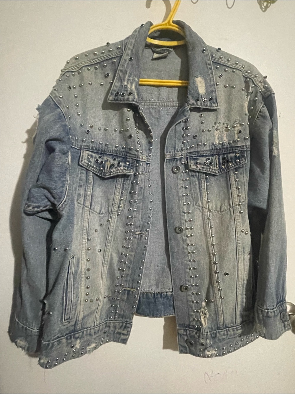 Studded Light Blue Distressed Denim Jacket - Women